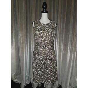 Worth New York Brown White Ikat Print 100% Linen Belted Sleeveless Dress Size 6